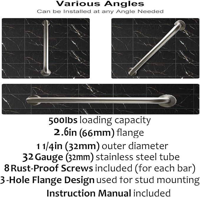 Brushed Nickel Shower Grab Bar 16 Inch - 1 1/4" Diameter, iMomwee 2 Pack Stainless Steel Safety Assist Handle, Wall Mounted Bathroom Mobility Aid Balance Support Hand Rail for Handicap Elderly Senior