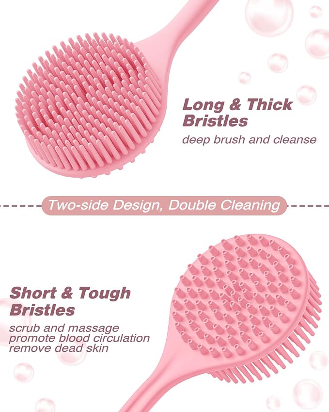 Manmihealth Silicone Back Scrubber (Thick Bristles) & Bath Glove & Face Brush Set (3PCS), Super-Exfoliating & Lathering Body Scrubber, Shower Brush, Face Scrubber Combination, with a Free Hook (Pink)