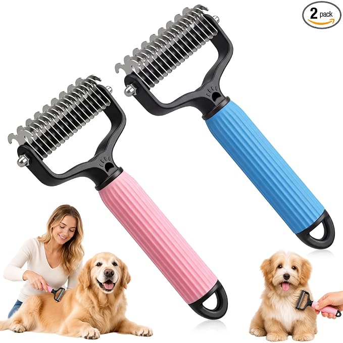 2PCS Acssart Pet Grooming Brush, Double Sided Undercoat Rake & Dematting Comb, Pets Knotting Comb, Dematting Comb Removes Tangles Knots and Loose Fur