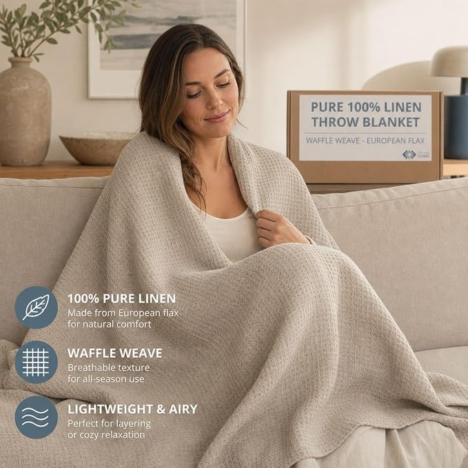 Pure 100% Flax Linen Blanket – 50x60-inch Linen Throw Blanket Waffle Weave – Breathable Cooling Blanket – Versatile Beach Blanket – Pre-Washed Lightweight European Flax