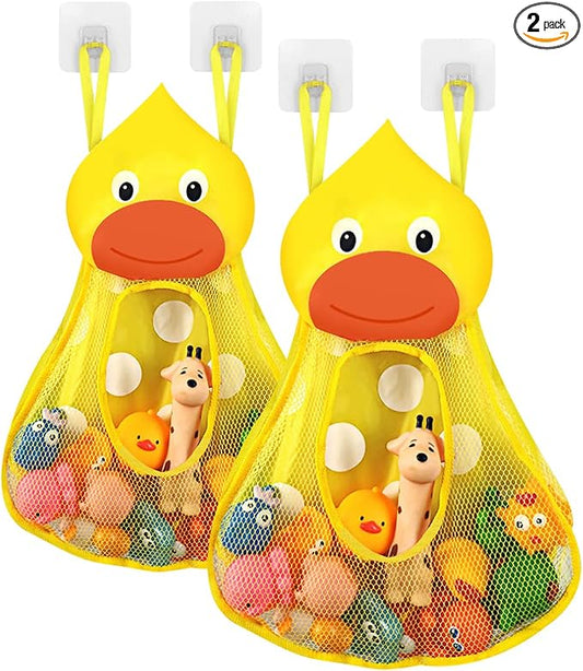 Linkidea Bath Toy Organizer, Bathtub Toy Organizer Holder, Bath Toy Net Storage Holder with Adhesive Sticker Hooks (2pcs, Duck)
