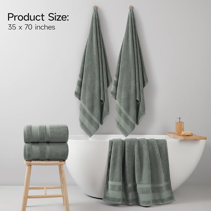 REDKISS 100% Cotton Bath Towels Set of 2, Extra Large Bath Sheets 35 X 70 Inches, Super Soft, Highly Absorbent & Quick Dry Shower Towels for Bathroom, Gym, Spa, Pool & Hotel, Sage Green