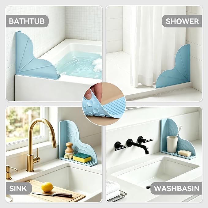 Shower Splash Guard 2-Pack – All-Silicone Bathtub Splash Guard with Strong Suction Cups, Reusable Shower Water Blocker for Bathtubs and Countertops (Blue, L-2pcs)