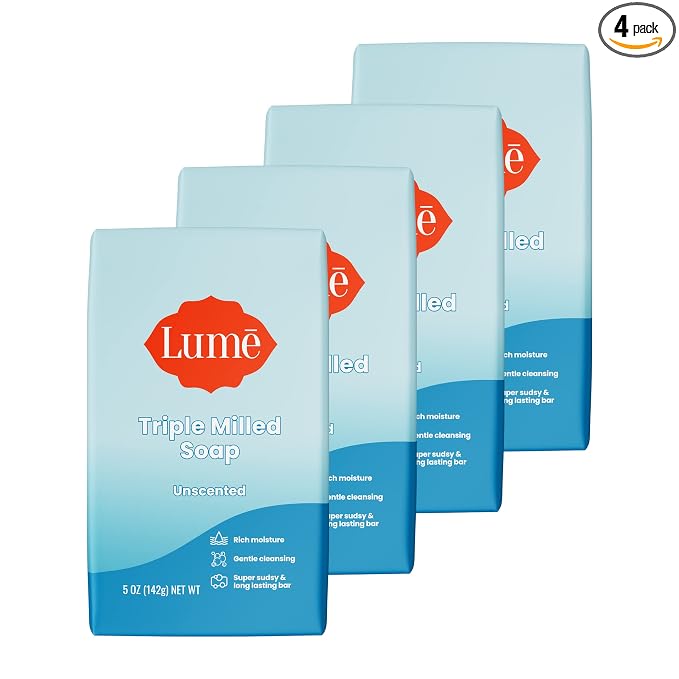 Lume Triple Milled Bar Soap - Rich Moisture & Gentle Cleansing - Paraben Free, Phthalate Free, Skin Safe - 5 ounce (Pack of 4) (Unscented)