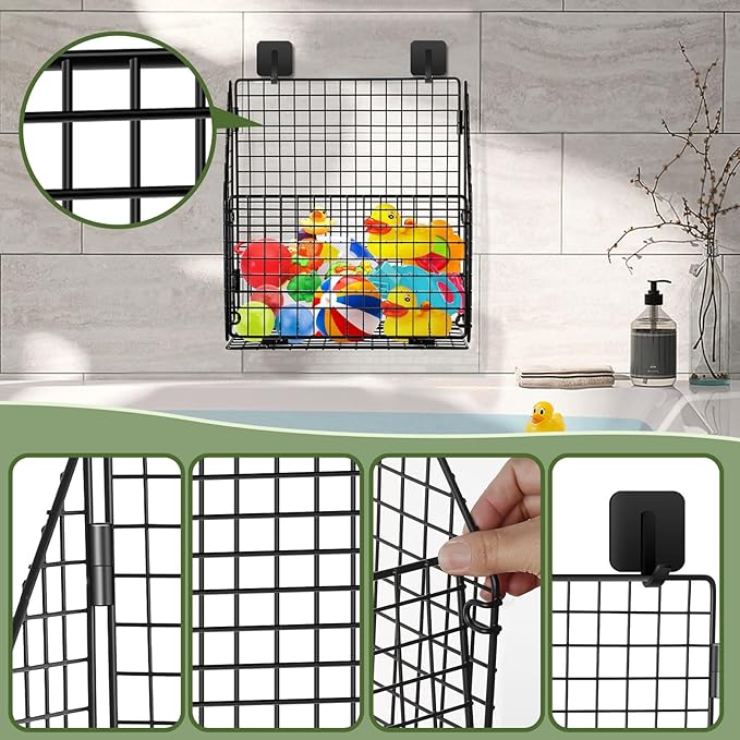 Large Bath Toy Storage, Metal Bathtub Shower Toy Holder, Foldable bath Tub Toy Organizers, Bathroom Toy Storage with Drainage for Sorting Toys/Clothes/Toiletries (1pc black)