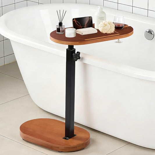 Bamboo Bathtub Side Table, 360° Swivel Height Adjustable Freestanding Bath Caddy Tray Organizer with 5 Storage, Luxury Home Spa Bathroom Essential (Walnut)