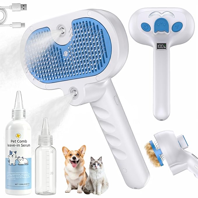 Pet Steam Brush for Dogs & Cats with Dual Cool Mist Spray | Cat Brush for Shedding, Self-Cleaning Grooming Tool, Hair Remover, Anti-Static, Skin-Safe for Long-Haired Dogs & Cats