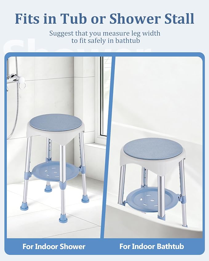 Shower Stools for Seniors, Small Shower Chair for Inside Narrow Tub, Height Adjustable Swivel Shower Chair with Storage Tray, 360° Rotating Narrow Shower Chair for Bathtub Small Tub, Blue