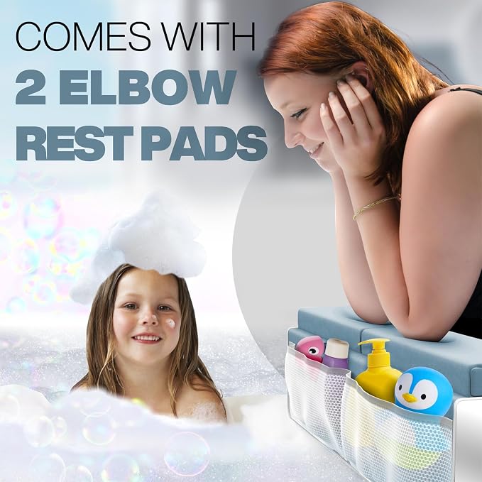 Comfortable Bath Kneeler and Elbow Kneeling Rest Pad for Baby Bathing Parents - Painless Foam Mat with Toy Organizer Pockets - Quick Drying, Foldable, Non-Slip for Baby and Toddler Bathing - Blue