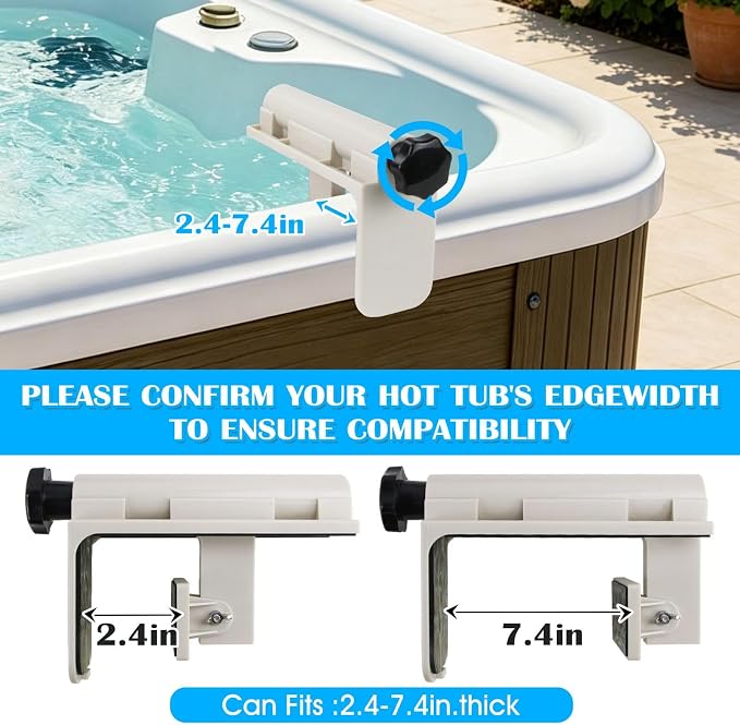 Hot Tub Table Tray with Adjustable Phone Holder, Nonslip Bathtub Table Tray Between 2.4-7.4" Hot Tub Accessories for Adults with 2 Cup Holders, Clip-on Pool Side Table for Above Ground Bathtub (Beige)