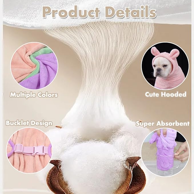 Dog Bathrobe Towel, Cat Bathrobe Microfiber Fast Drying Absorbent Hooded Bath Towel for Puppy Small Medium Large Dog Cat(Purple,M)
