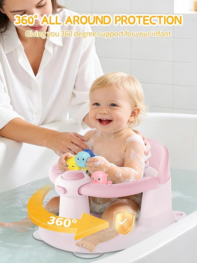 Baby Bath Seat for Babies 6 Months & Up - Bathtub Seats for Babies with 3 Baby Bath Toys, Non-Slip, Comfortable, Infant Bath Essentials-Pink