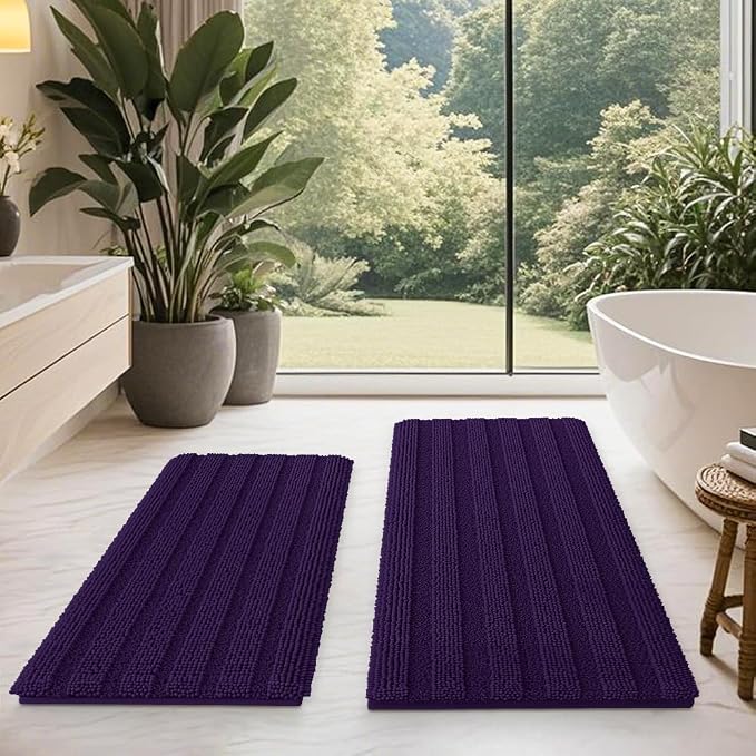 ACCUMTEK Striped Eggplant Purple Bathroom Rug Mat Set 2 piece 32"x20"+24"x17" Ultra Soft, Non Slip Chenille Bath Rugs, Absorbent Plush Shaggy Bath Mats for Bathroom, Bedroom, Kitchen, Shower, Tub
