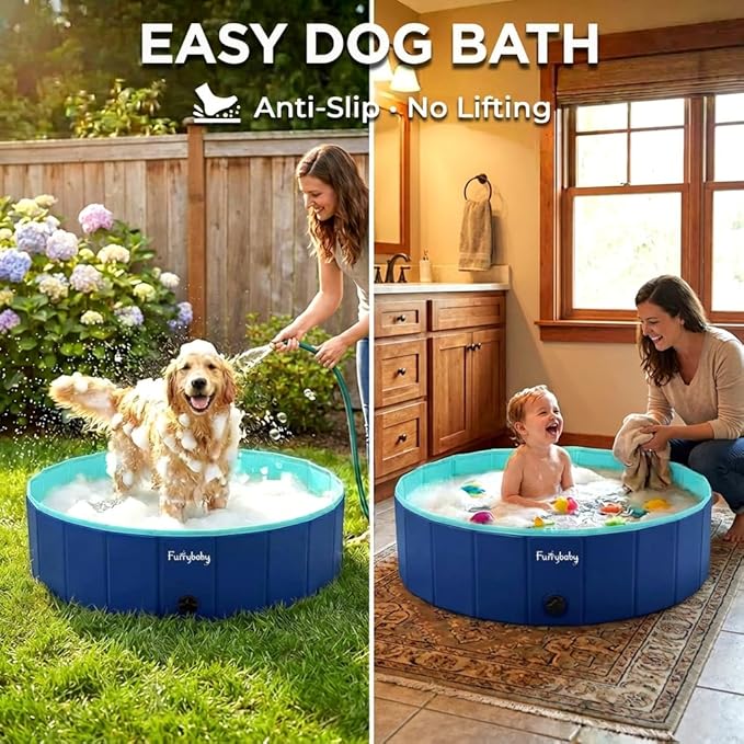 Furrybaby Dog Pool, Foldable Dog Pools for Large Dogs Portable Kiddie Pool Pet Doggie Wading Swimming(Navy 47'') Indoor and Outdoor
