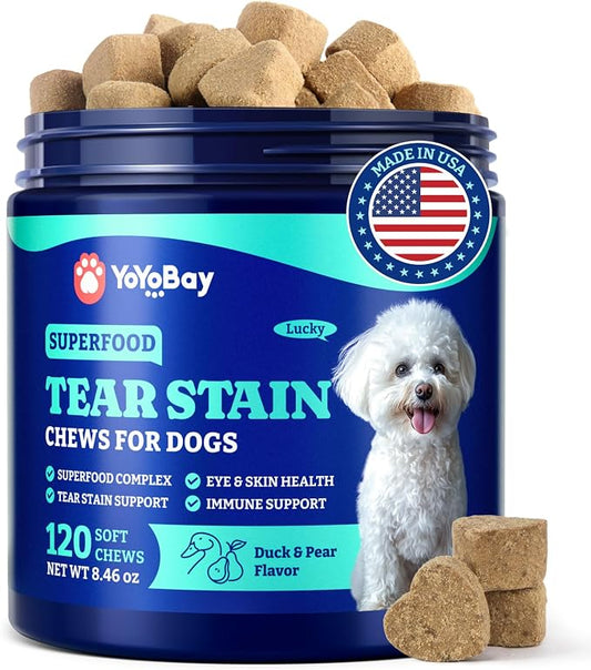 Tear Stain Support Soft Chews for Dogs – for Eye Health, Vision & Immune Support, Tear Stain Relief - Superfood Blend with Lutein & Omega-3, Vet-Formulated – 120 Count, Duck & Pear Flavor