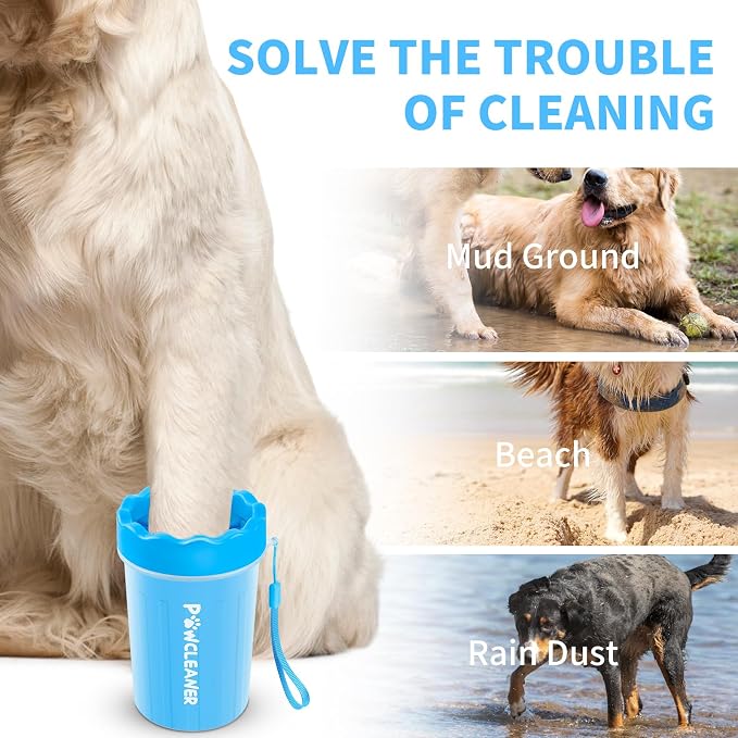 Professional 7 in 1 Dog Paw Cleaner for Dogs & Cats - Includes 1 Portable Paw Washer, 1 Bath Brush, 2 Dog Toothbrushes and 3 Absorbent Towels Note: Fits Paws 1.5 to 2.5 Inches Wide (Medium, Blue)