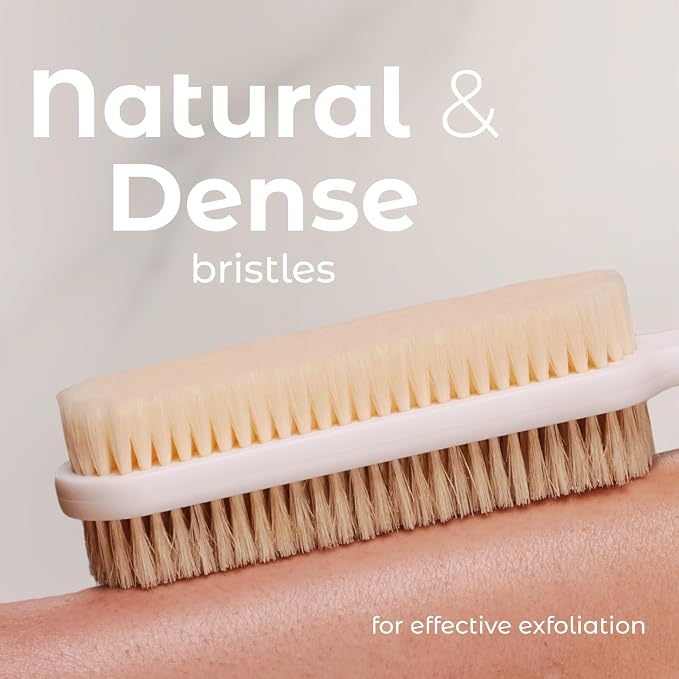 MainBasics Back Scrubber for Shower, Long Handle Body Brush, 15.75 Inch | Dual-Sided Exfoliating and Soft Bristles