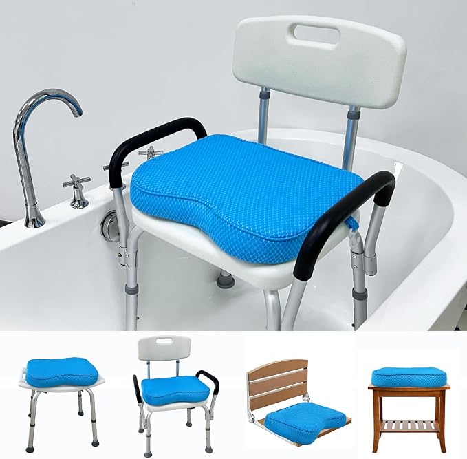 Esme L&H Shower Seat Cushion, Shower Chair Cushion for Transfer Benches, 4D Mesh Fabric Sauna Cushion Shower Chair Pad with Hook, Slip-Resistant, Design for Elderly, Senior, Handicap & Disabled