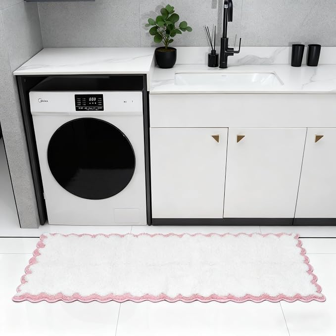 ORTIGIA Long Cute Scalloped Bathroom Rugs Runner, Fun Pink Plush Microfiber Scallop Bath Mats Non Slip Washable Quick Dry Absorbent, Rug Carpet for Bathtub Sink Laundry Room Bedroom, 24x59