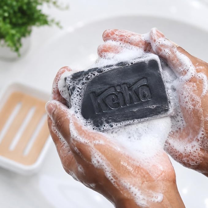 Keika Charcoal Black Soap Bar for Eczema, Psoriasis, Face, Body, Men Women Teens with Oily Skin, 5 oz. (Charcoal, 12-Pack)