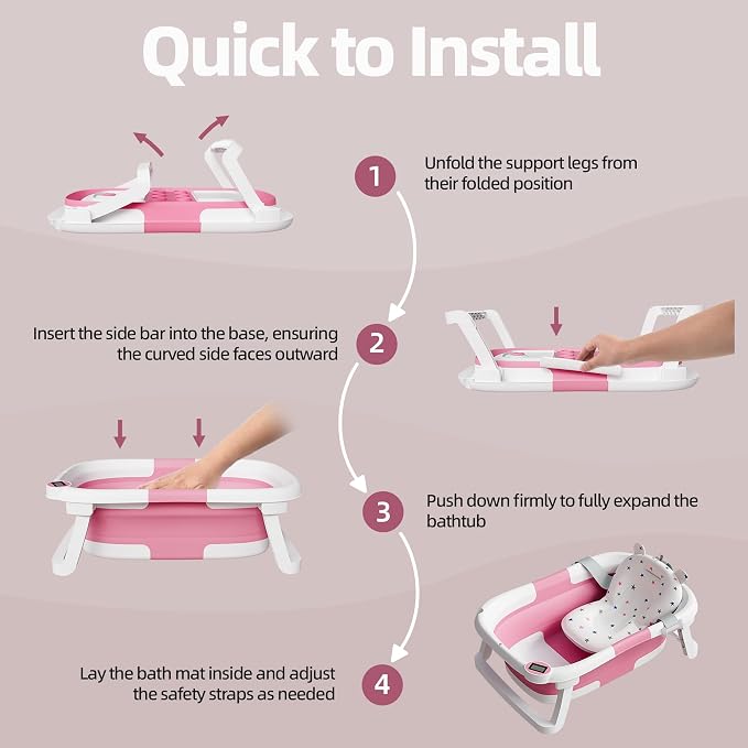 Collapsible Baby Bathtub for Newborn to Toddler, Foldable Infant Bath Tub with Real-Time Thermometer, Removable Soft Bath Cushion & Drain Plug, Portable Travel Newborn Tub, Dark Pink