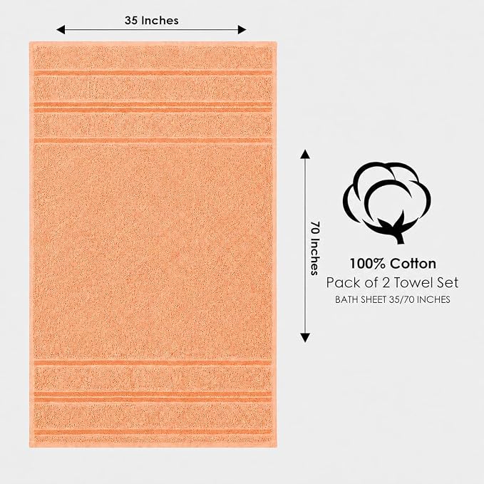Terry Bath Sheet Set of 2 Peach Bath Towels Set 35x70 Inches, 100 Combed Long Staple Cotton Highly Absorbent Ultra Soft Oversized Large Luxury Hotel & Spa Quality Bathroom Towels Set