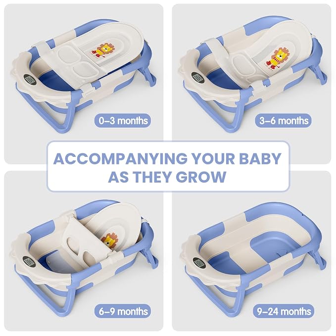 TPN 4-in-1 Grow-with-Me Collapsible Baby Bathtub, Baby Tub for Newborns to Toddler with Soft Floating Cushion & Thermometer, Portable Baby Bath Tub, Infant Bathtub for Bath Support in Tub,Blue
