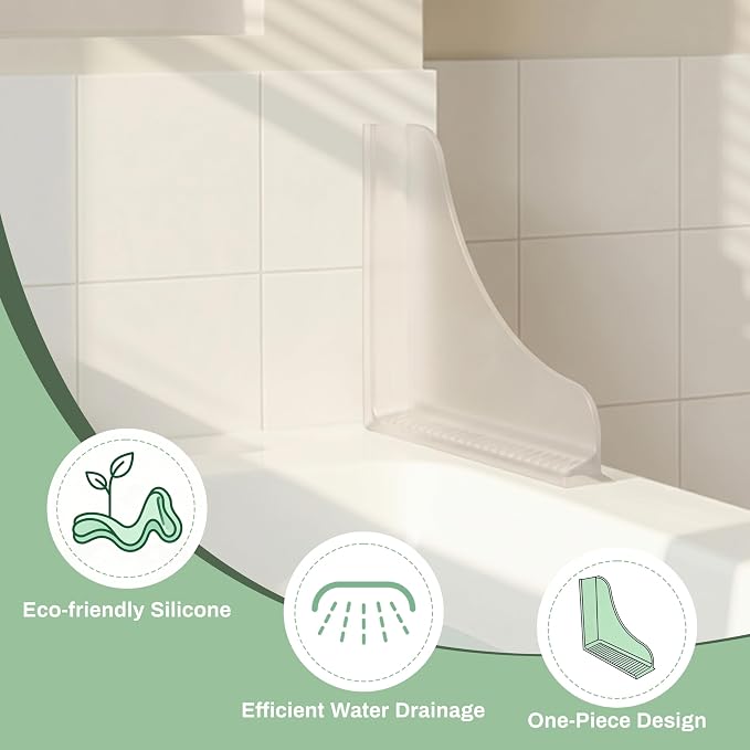 No-Adhesive 2-Pack All-Silicone Shower Splash Guard with Strong Suction Cups, Reusable One-Piece Bath Tub Corner Water Blocker for Secure Seal&Easy Removal，Keep Water in Shower or Bath, Clear （Small）