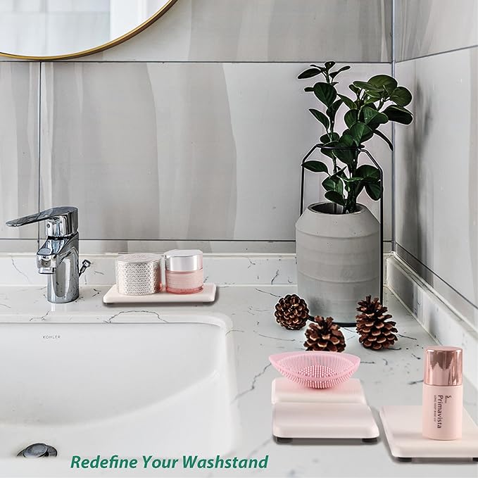 NiuYichee 2 Pcs Water Absorbing Stone Trays, Kitchen/Bathroom Sink Soap Dish, Diatomite Tray Used for Hand Soap & Cosmetic Bottles in The Modern Home, 3.15" W x 6.3" L, White