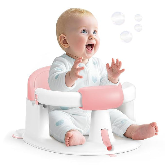 Baby Bath Seat for Babies Sitting Up, Non-Slip Baby Bath Chair with Strong Suction Cups, Lockable Armrest & High Back 360° Safety Support, Ideal for Active Toddlers 6-24 Months, Pink