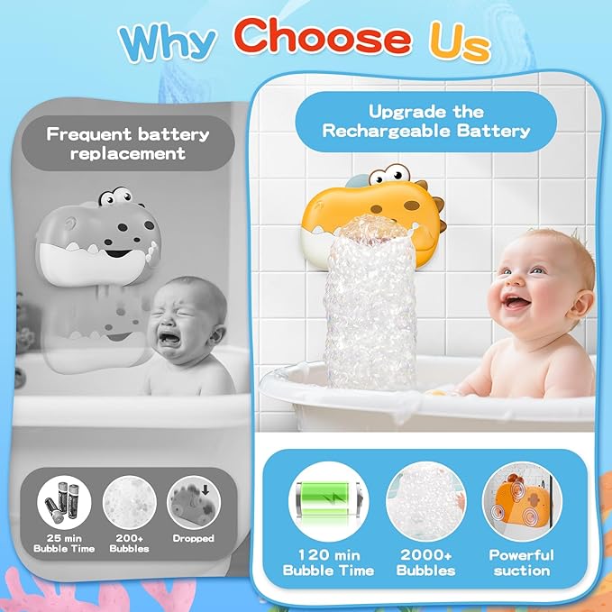 Baby Bath Toys for Kids Ages 1-3 4-8, Rechargeable Dinosaur Bath Bubble Machine with Music for Toddlers, Baby Bathtub Toys, Easter Basket Stuffers, Bath Bubble Maker for Toddlers Kids Boys Girls