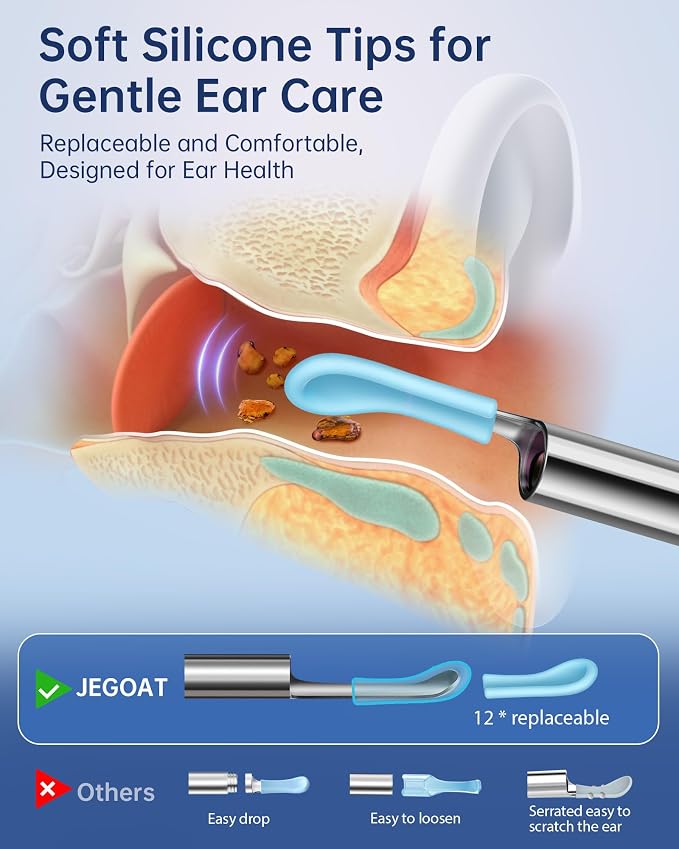 Jegoat Ear Wax Removal, Ear Wax Removal Tool Camera with 1296P HD Camera and 6 LED Lights, Ear Cleaner with 10 Ear Pick, Upgraded Ear Wax Removal Kit for iOS and Android, Gray