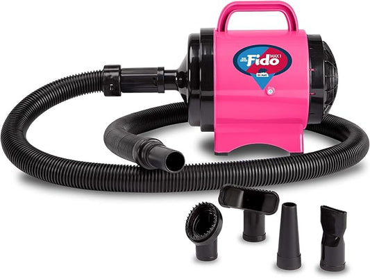 B-Air Fido Max 1 Dog Hair Dryer - Premier Grooming Collection, with 6-Foot Hose and 4 Grooming Nozzles, Hot Pink
