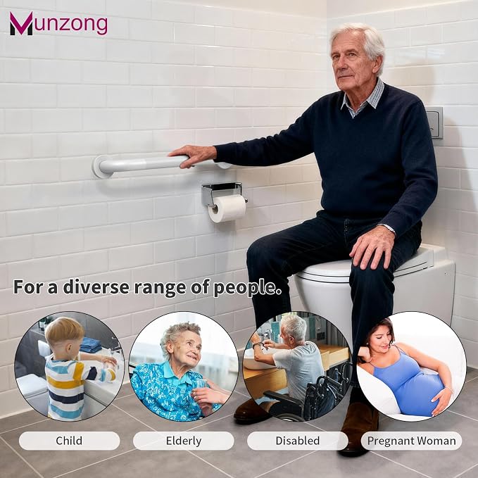 3 Pack Anti Slip Shower Grab Bar for Commercial, Munzong 18" 36" 42" White Bathroom Grab Bar Bundle,1.25" Diameter Handicap Balance Bar,Stainless Steel Safety Hand Rail for Elderly Assist Bath Handle