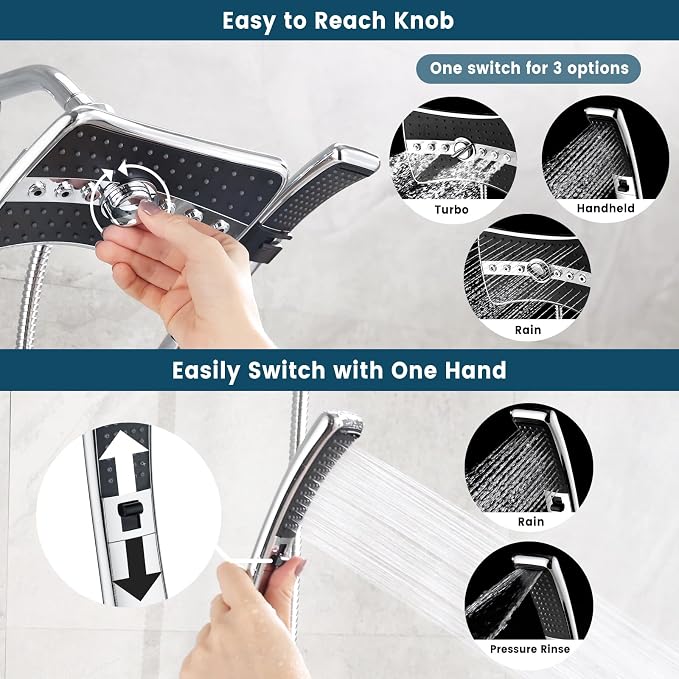 BRIGHT SHOWERS High Pressure Dual Shower Head Combo, Handheld Showerhead Rainfall Shower Head Combo with Black Face, 60 Inch Long Stainless Steel Shower Hose, Chrome