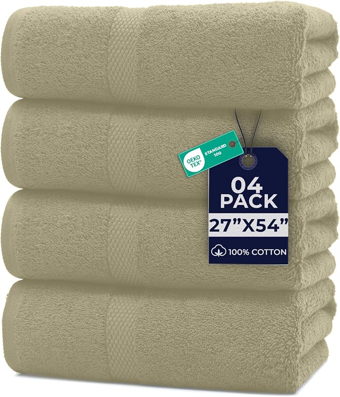 DAN RIVER Large Bath Towels Set of 4, 27 x 54 Inches, 600 GSM Larger & Lighter Weight Towels for Bathroom - Highly Absorbent & Quick Dry 100% Cotton Bath Towel Set for Home, Gym, Spa & Hotel - Beige