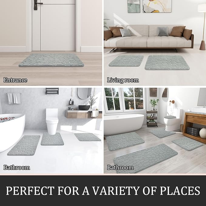 YIHOUSE Bathroom Rugs Mat Set, Memory Foam Bath Mat 2 Piece Gray | 17x24&20x46, Non Slip, Water Absorbent, Washable, Bath Mat For Bathroom, Sink and Toilet