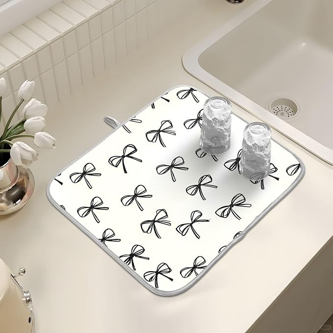 Black Bow Pattern Dish Drying Mat, Absorbent Drainer Mats for Kitchen Counter Coffee Maker 24"x18"