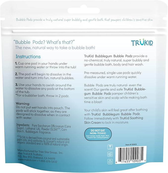 TruKid Bubble Podz Bubble Bath for Kids, Toddlers, & Babies, Tear Free Gentle & Refreshing Bath Bomb for Sensitive Skin with Natural Moisturizers, Non-Toxic, pH Balanced, Bubble Gum Scent (10 Podz)