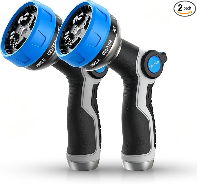 [2 Pack] RESTMO 10-in-1 Water Hose Nozzle, Garden Hose Sprayer with 10 Adjustable Spray Patterns, Easy Thumb Control for Flow Adjustment, Ideal for Watering Plants & Lawns, Washing Cars & Pets, Blue
