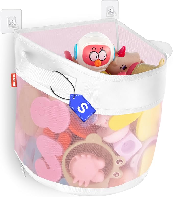 UNEEDE Bath Toy Organizer,1.55 Gallons Bathtub Toy Storage Organizer,Quick Access Bath Toy Holder for Bathtub,Baby Organizer and Storage,Quick Dry Baby Toy Storage for Tub,Mesh Shower Caddy(Pink)