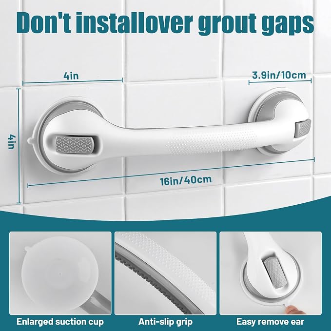 Shower Handles for Elderly Suction, Shower Grab Bar, Suction Grab Bars for Shower 2 Pack 16 Inch, Bathroom Grab Bars for Seniors, Shower Grab Bars Suction Heavy Duty, Waterproof No Drilling
