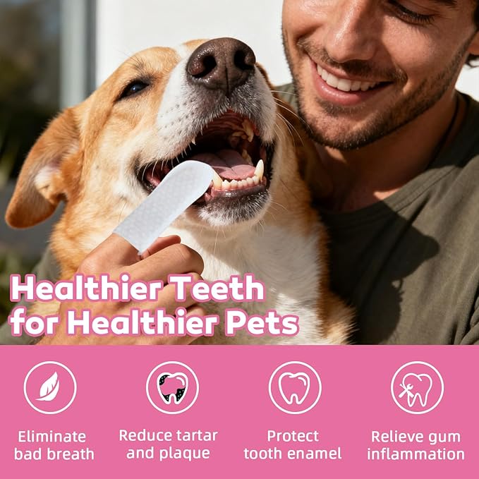 Teeth Cleaning Wipes for Dogs & Cats, Natural Formula Dog Finger Toothbrush Wipes Remove Plaque & Tartar Buildup, No-Rinse Disposable Dog Dental Care Finger Wipes(100 PCS)