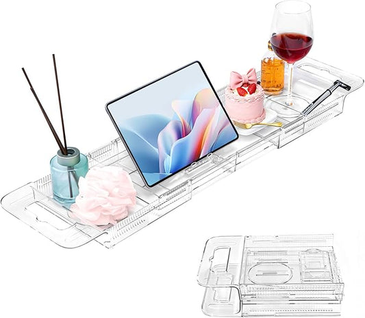 Expandable Clear Acrylic Bathtub Tray Caddy, Foldable Tub Bath Tray with Drain Slots, Slip-Resistant Waterproof Bathroom Shelf Caddy & Home Spa Gift for Women