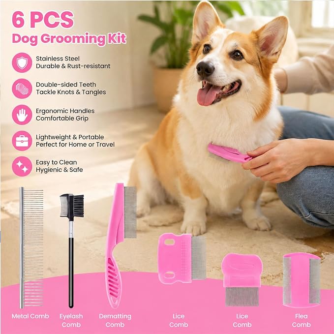 6 Pcs Flea Lice Comb for Cats Dogs, Pink | Stainless Steel, Rounded Teeth, Tear Stain Remover, Dematting Brush, Professional Pet Grooming Kit
