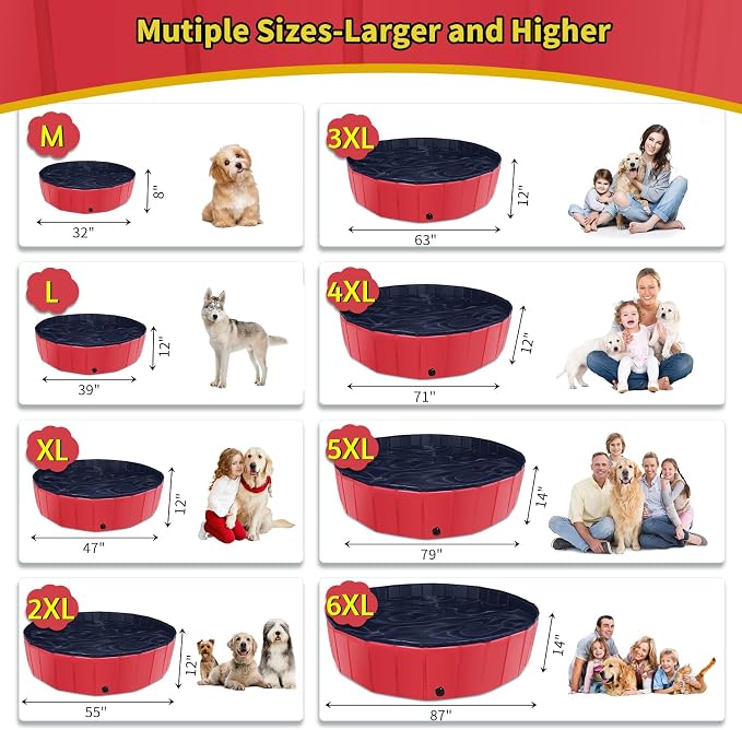 CACSPS Foldable Dog Pool, 63" x 12" Kiddie Pool with Hard Plastic, Non-Slip Dog Bath Tub for Outdoor Backyard, Collapsible Dog Swimming Pool for Kids Dogs Pets (Red)