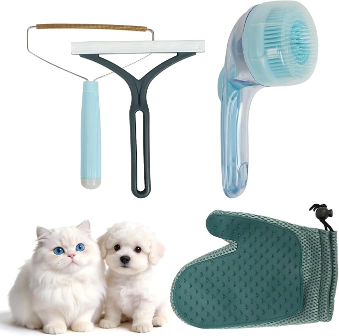 4-in-1 Pet Hair Remover Kit for Cat & Dog Fur Remover for Couch, Carpets & Clothing - Pet Hair Remover Grooming Glove & Pet Bath Scrubber with Shampoo Dispenser