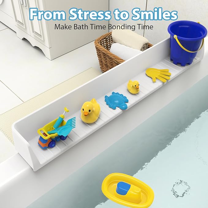 Bathtub Splash Guard Play Shelf Over Tub 31” with Strong Suction Cups, Silicone Tub Water Guards Toy Tray Holder No Mess Water Spill in Bathroom-White