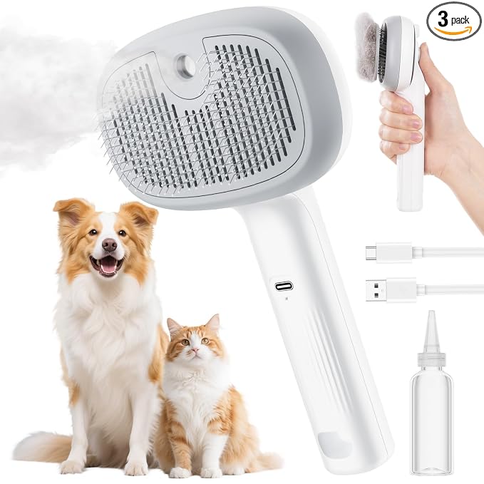 Pecute Self-Cleaning Steam Dog Cat Brush for Heavy Shedding/Long Coats | Gentle, Undercoat removal & smoothing, Shedding control, For water-anxious pets, 2 cool mist modes, XL tank, 240-min runtime