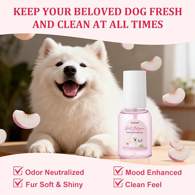 Premium Dog Cologne, Deodorant Perfume for Dogs and Cats, and Coat Spray, Long-lasting White Peach Oolong Scent, Keeps Dogs Fresh All Day, Suitable for Use Between Baths, 2.37 fl oz